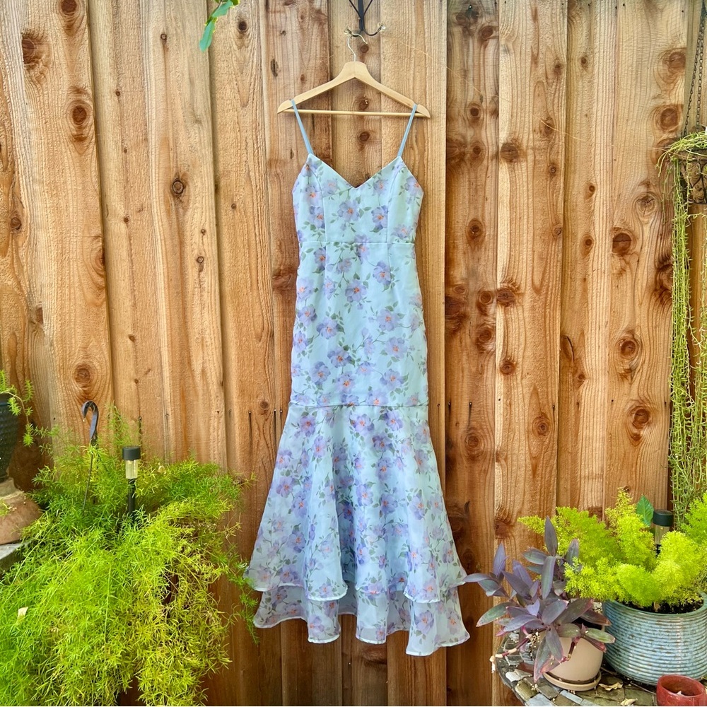 🌿 Periwinkle Light Blue Floral Organza Trumpet Ruffle Maxi Dress 🌿 - Picture 7 of 11